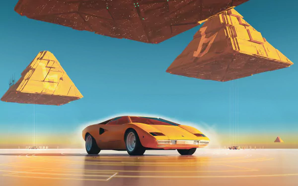 A HD desktop wallpaper featuring a Lamborghini Countach parked on a futuristic landscape with floating pyramids in the background.