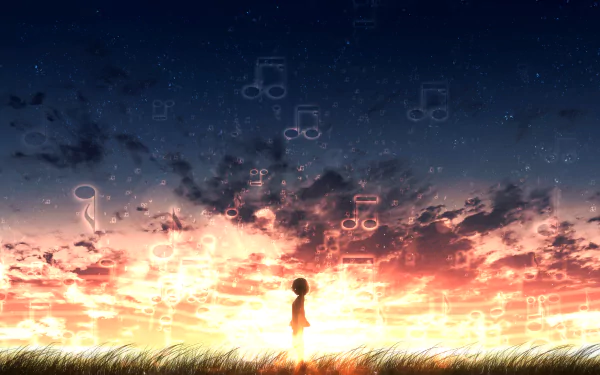 Anime-style HD desktop wallpaper featuring a silhouetted figure standing in a field at sunset, with glowing musical notes floating in the vibrant sky.