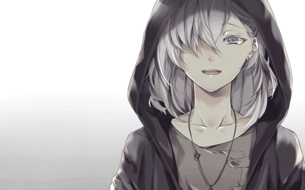 Anime-style original character with grey hair and eyes, wearing a hooded jacket, tears visible, set against a soft gradient background in HD quality for PC desktop.