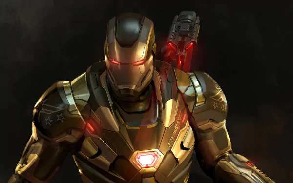 Close-up of War Machine in dark metallic armor with glowing red eyes and arc reactor, heavy shoulder cannon visible — 4K Ultra HD PC desktop wallpaper.