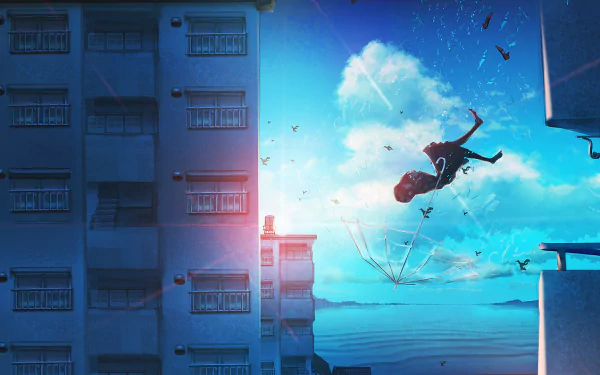 Anime-themed HD wallpaper with a girl in a dress holding an umbrella, falling between buildings with sea and clouds in the background.