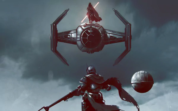4K Ultra HD wallpaper featuring The Mandalorian facing a Sith on a TIE Fighter from Star Wars, set in a dramatic, cloudy sky background.