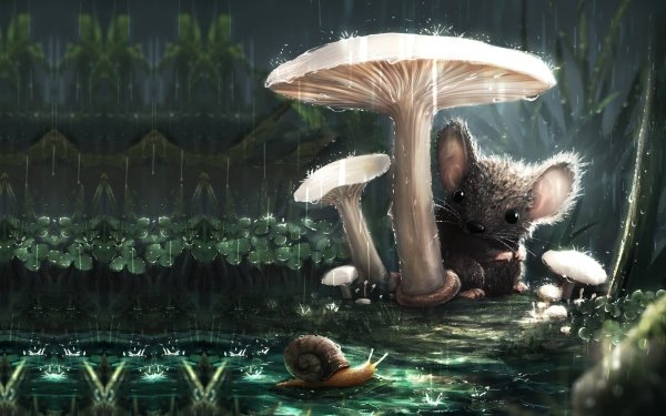 Fantasy Animal Fantasy Animals Mouse Rain Mushroom Snail HD Wallpaper | Background Image