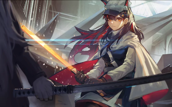 HD PC desktop wallpaper featuring Texas from the video game Arknights, wielding a glowing sword in a dynamic action scene.