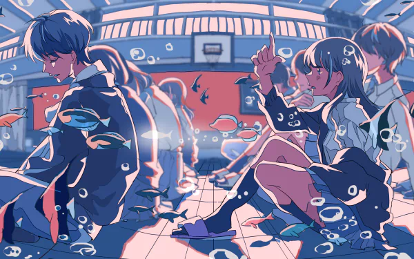 Anime-style 4K Ultra HD desktop wallpaper featuring people in school uniforms surrounded by colorful fish in an aquarium setting.