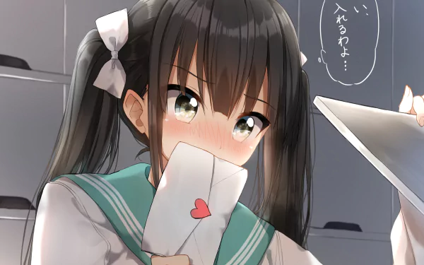 HD anime-style desktop wallpaper featuring an original character with dark hair and teal sailor uniform, holding a letter with a red heart seal.