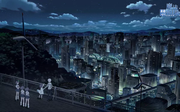 HD PC desktop wallpaper featuring Accelerator from the anime A Certain Magical Index overlooking a sprawling cityscape at night under a starry sky.