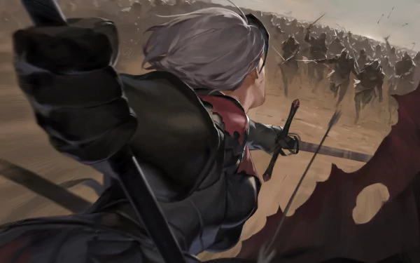 HD desktop wallpaper featuring Jeanne d'Arc Alter from Fate/Grand Order. The scene depicts a white-haired knight with a sword and arrow, leading a charge on a battlefield.