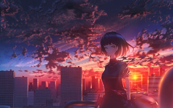 Anime Original Sunset Short Hair City Sky HD Wallpaper | Background Image