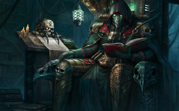 4K Ultra HD Warhammer 40k PC wallpaper featuring a dark, armored figure reading a book amidst skulls and candles in a dim, atmospheric setting.