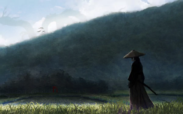 Japanese samurai in traditional kimono attire depicted in an anime style, standing in a serene and colorful landscape - an HD desktop wallpaper.