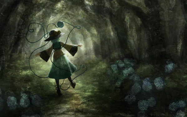 HD PC desktop wallpaper featuring Koishi Komeiji from Touhou, depicted in a dark, mystical forest with ethereal lighting and swirling tendrils.