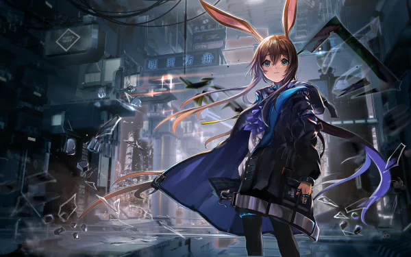 4K Ultra HD PC wallpaper featuring Amiya from Arknights with distinct animal ears, set against a detailed, futuristic urban background from the video game Arknights.