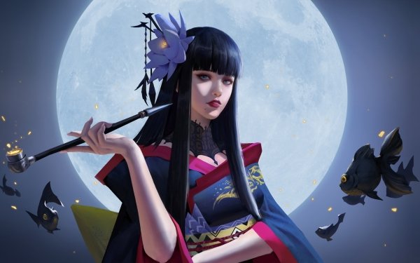 Fantasy Women Asian Pipe Full Moon Kimono Lotus HD Wallpaper | Background Image