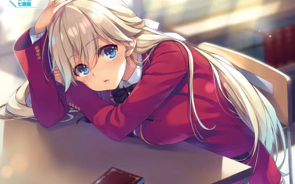 Tsubasa Nanase from Classroom of the Elite: long blonde hair, blue eyes, in a red school uniform leaning on a desk in a sunlit classroom — HD PC desktop wallpaper.