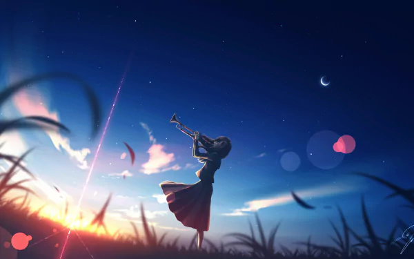 Anime HD desktop wallpaper of a silhouetted girl with long hair playing a trumpet, set against a sunset and starry sky.
