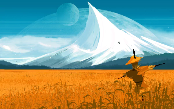 A sci-fi HD desktop wallpaper featuring a scarecrow in a golden field, with a snow-peaked mountain and a distant planet in the background under a clear blue sky.