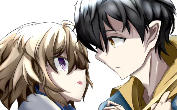 HD anime desktop wallpaper featuring Kotoko Iwanaga and another character from Kyokou Suiri in a close, intense gaze.