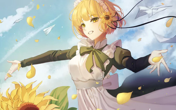 Anime original HD PC desktop wallpaper: blonde girl with yellow eyes in a maid-style dress, arms outstretched amid sunflowers, paper planes and drifting petals.