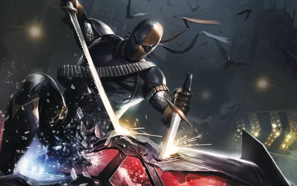 4K Ultra HD PC wallpaper featuring Deathstroke from DC Comics in dynamic combat, shattering armor amid a dark, intense comic-style scene.