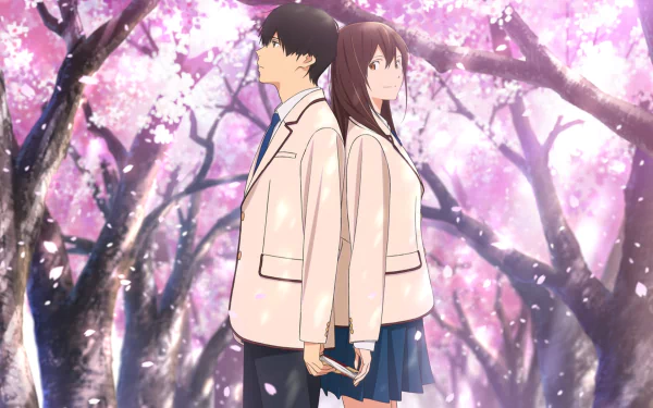 HD desktop wallpaper featuring anime characters Sakura Yamauchi and Haruki Shiga from I Want To Eat Your Pancreas, standing back-to-back under cherry blossom trees in full bloom.