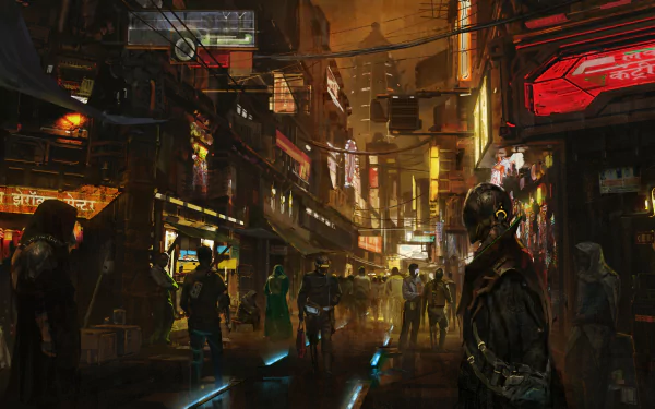 Cyberpunk street scene in 4K Ultra HD concept art, featuring a futuristic, neon-lit urban environment with shadowy figures and advanced technology.