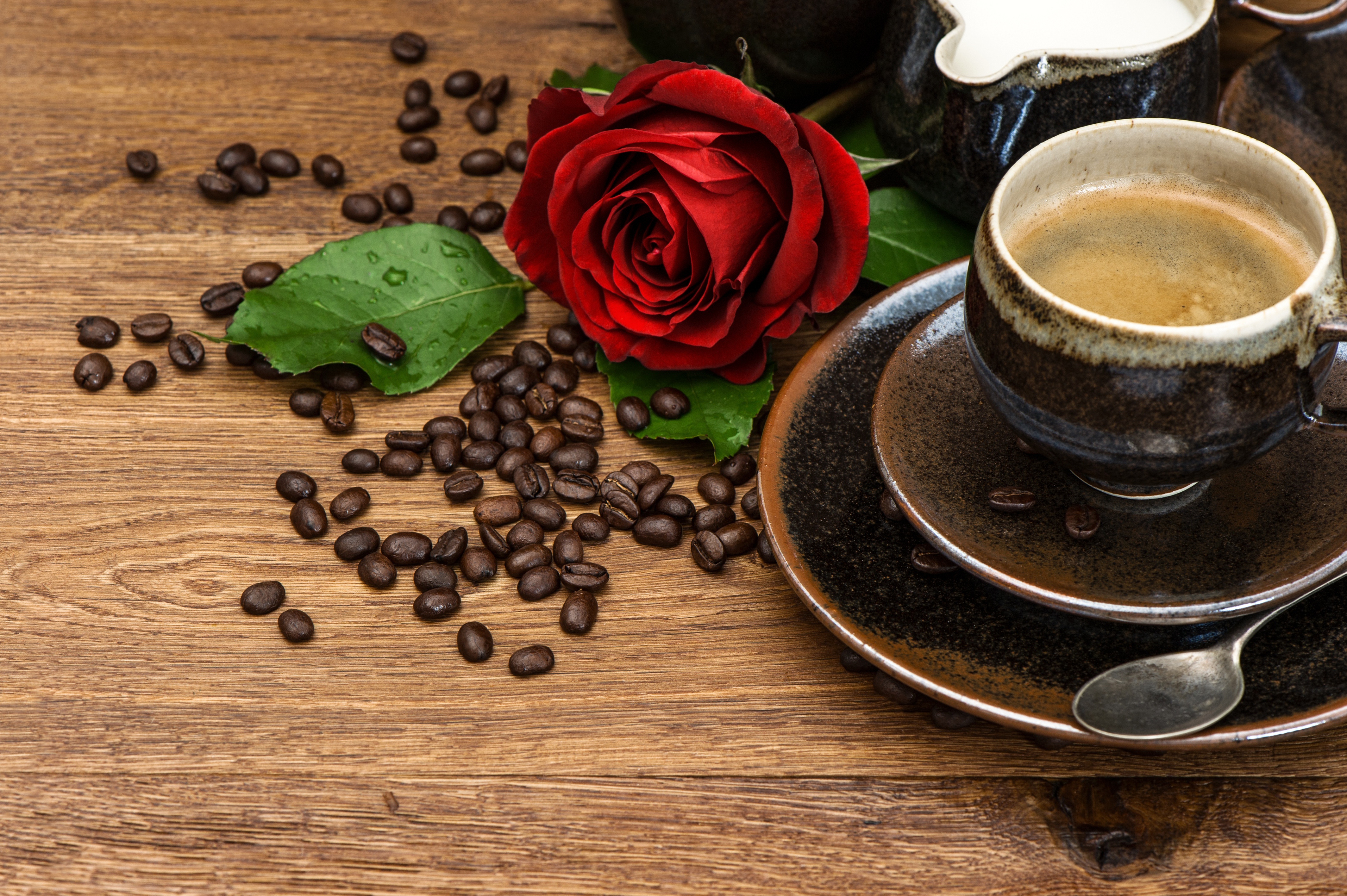 Download Still Life Drink Coffee Beans Cup Rose Food Coffee 4k Ultra HD