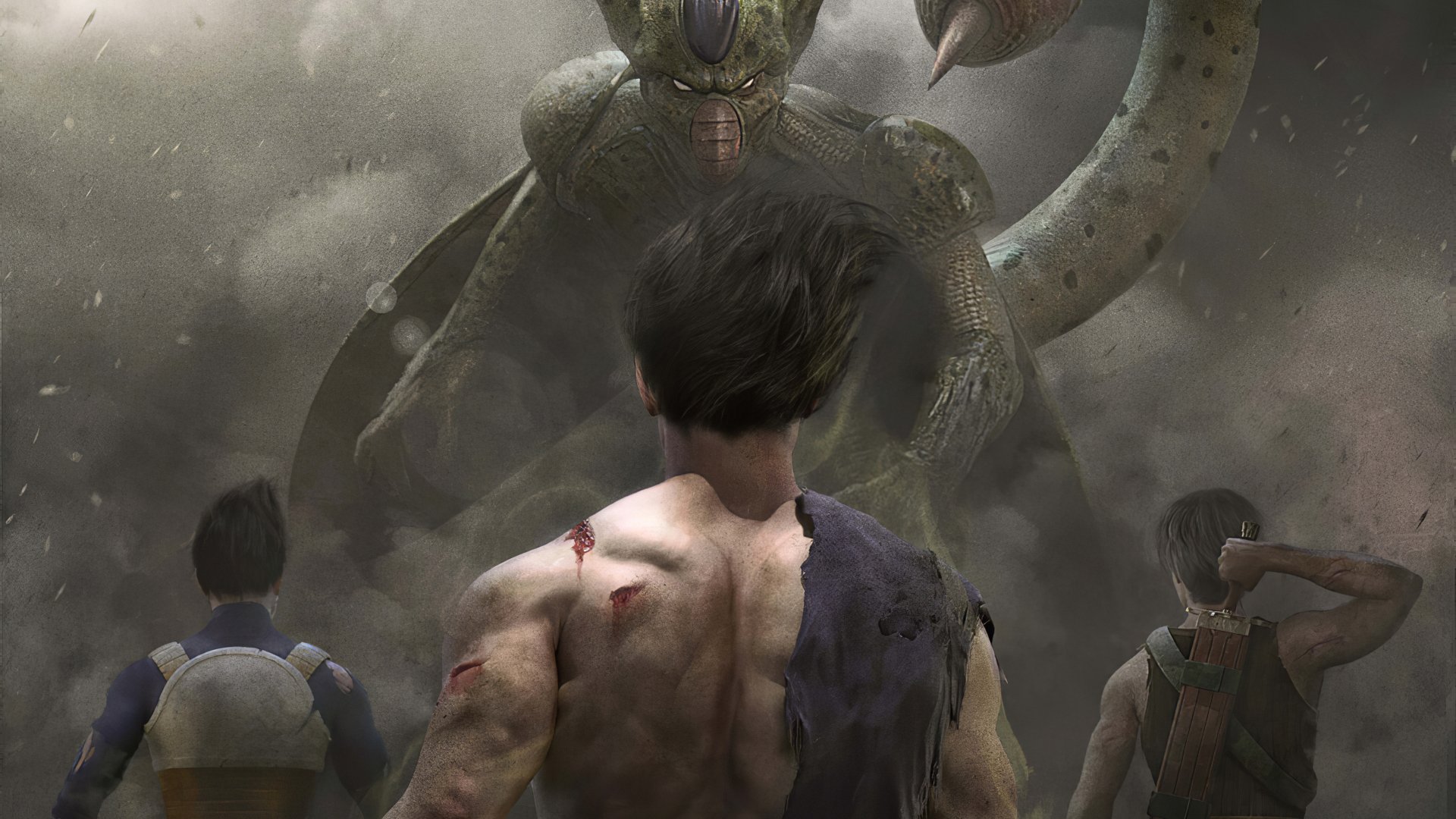 4K Ultra HD Dragon Ball Z wallpaper featuring Goku, Vegeta, Trunks facing the menacing Cell in an intense anime battle scene.