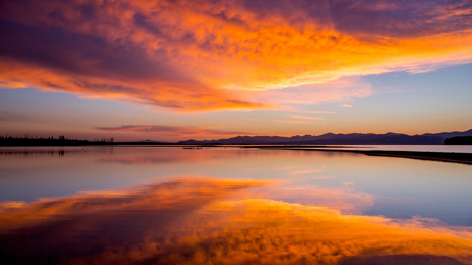 A stunning HD desktop wallpaper showcasing a vibrant orange sunrise over a tranquil lake in Yellowstone National Park, Montana, with clouds reflecting on the water’s surface, and mountains on the horizon.