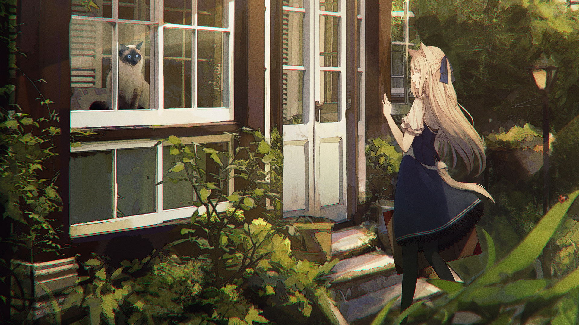 Anime-style girl with long hair and animal ears in a blue dress outside a house, with a cat sitting by the window. Lush greenery surrounds the scene. HD desktop wallpaper and background.