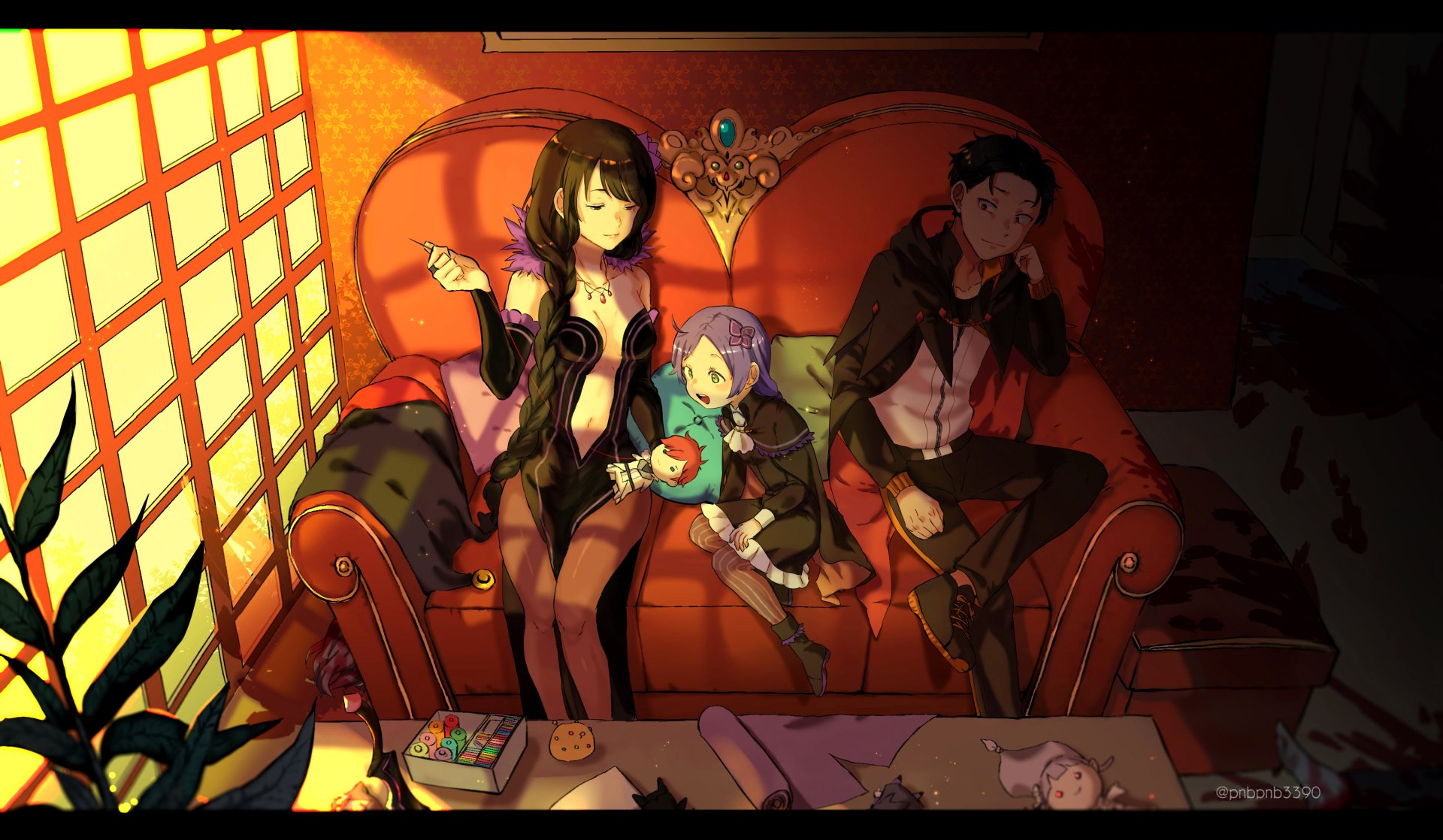 HD desktop wallpaper featuring Emilia, Reinhard van Astrea, Meili Portroute, Subaru Natsuki, and Elsa Granhiert from the anime Re:Zero - Starting Life in Another World, lounging on a stylish red sofa.
