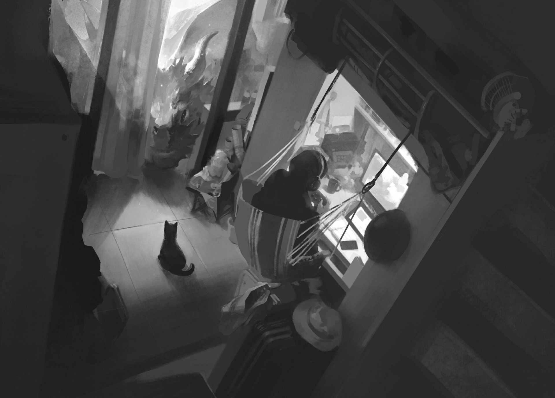 HD anime-style desktop wallpaper depicting a cozy room with an anime cat near a window, blending warm indoor elements with soft natural light.