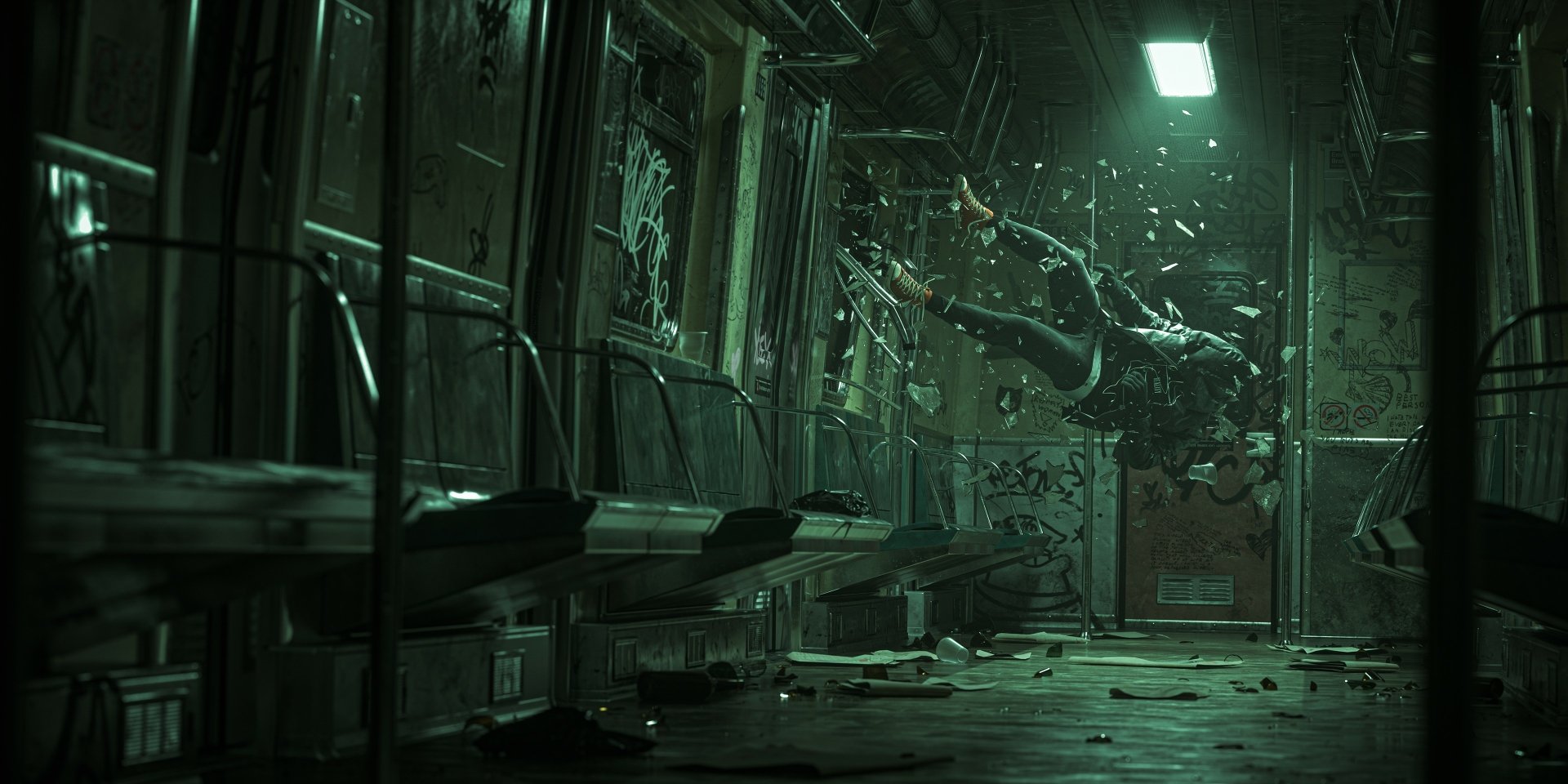Artistic Digital Art 2K Quad HD PC desktop wallpaper and background: green-lit, empty subway car with a shattered, suspended figure and swirling debris among torn posters and scattered benches.