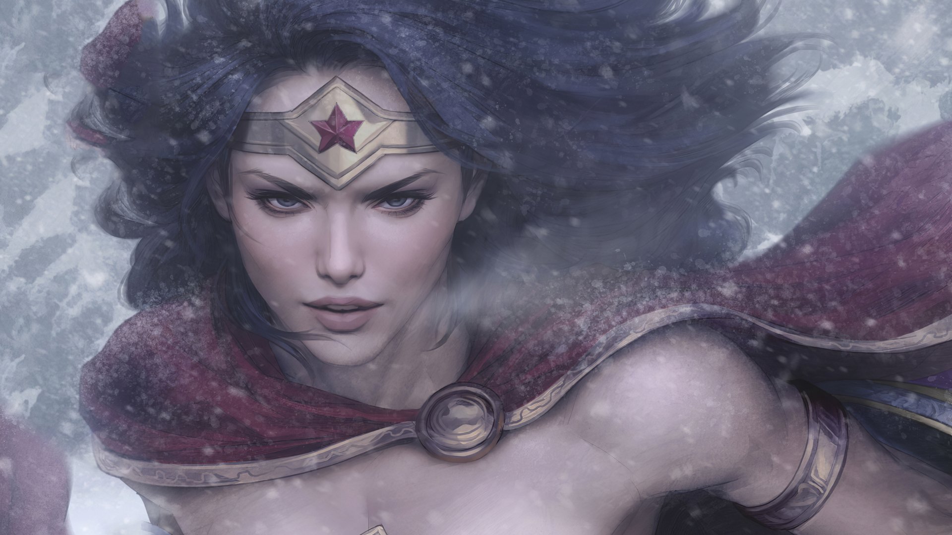 Close-up of Wonder Woman's face with black hair and flowing cape, comic-style DC Comics 4K Ultra HD PC desktop wallpaper background.