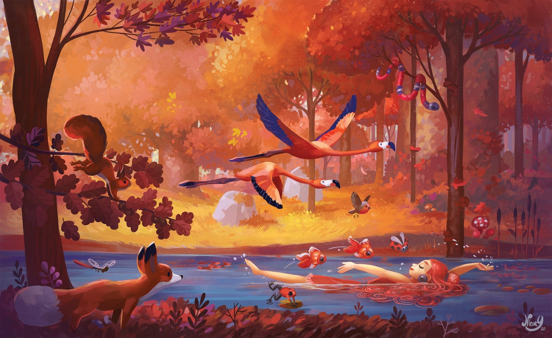 A vibrant fantasy forest scene with flamingos flying and swimming, a red-haired woman, a fox, and fish in a glowing autumn landscape, rendered in HD for PC desktop wallpaper.