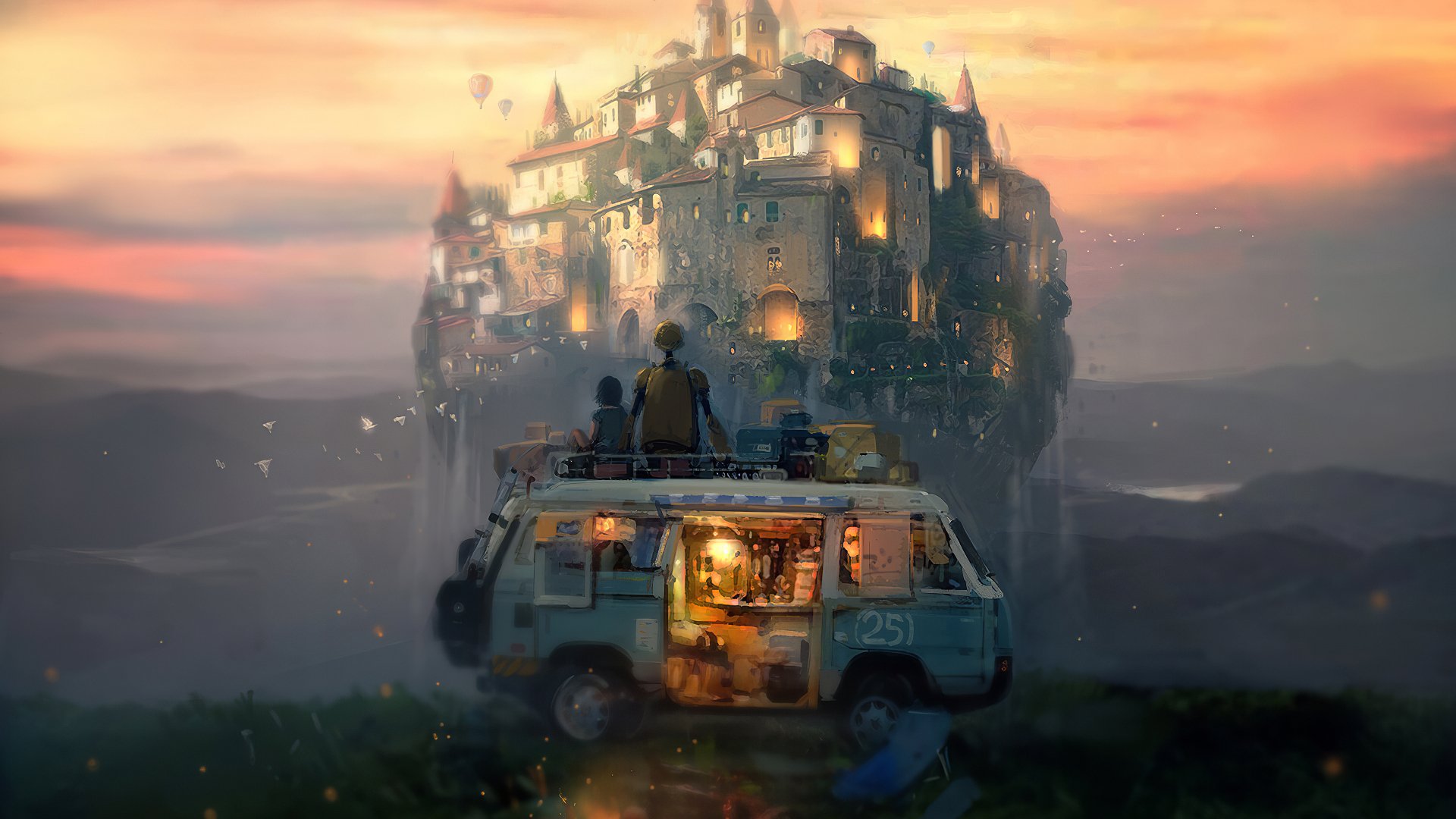 A fantasy city floats above a van with a robot inside, captured in a vivid 4K Ultra HD PC desktop wallpaper showcasing a surreal blend of technology and imagination.