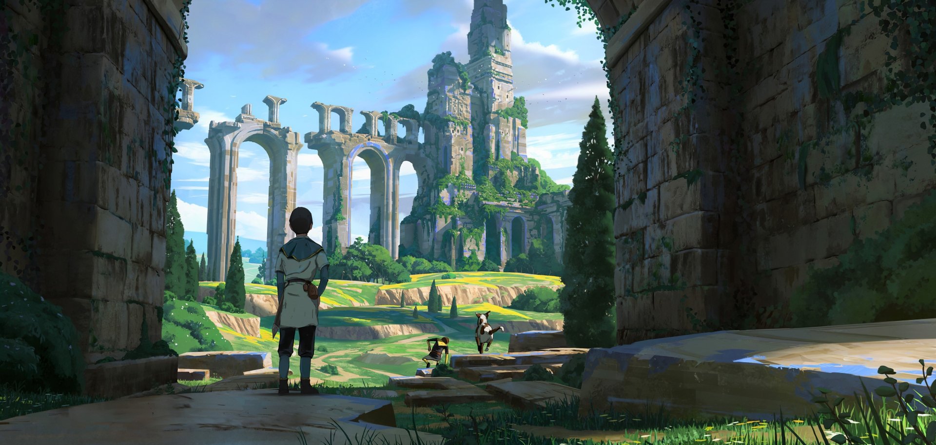 2K Quad HD PC desktop wallpaper: a child in a fantasy ruin — crumbling arches, overgrown towers and tiny companions exploring sunlit stone pathways.