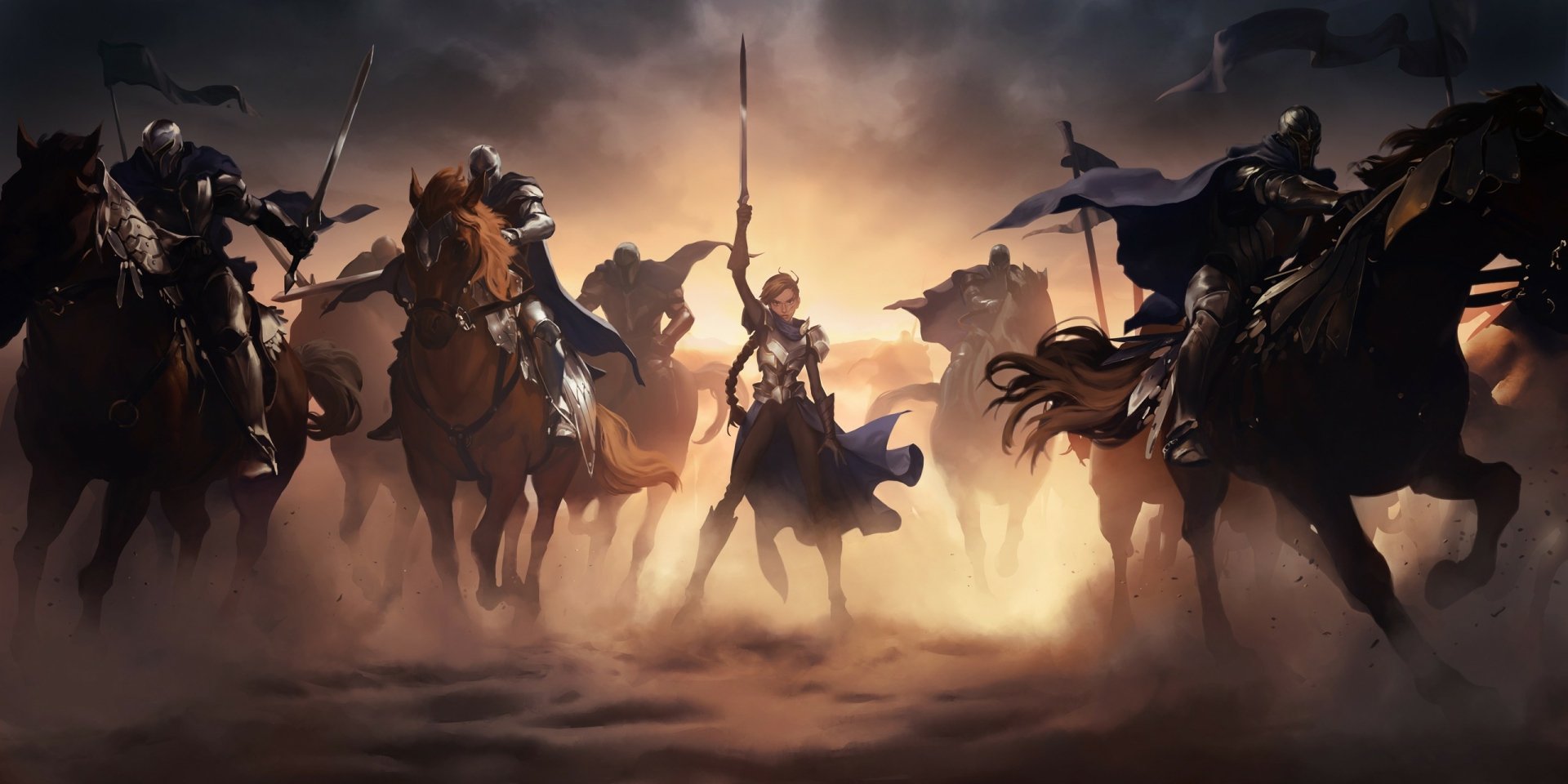 HD desktop wallpaper featuring a female knight leading a cavalry charge in a dramatic scene from the video game Legends of Runeterra.