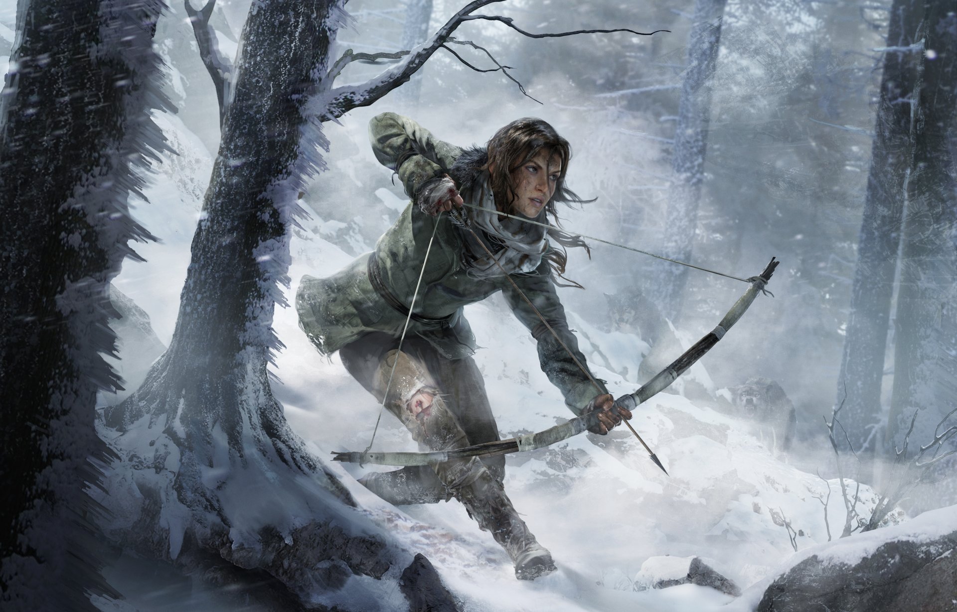 HD desktop wallpaper from the video game Rise of the Tomb Raider, featuring a character equipped with a bow navigating through a snowy, forested environment.