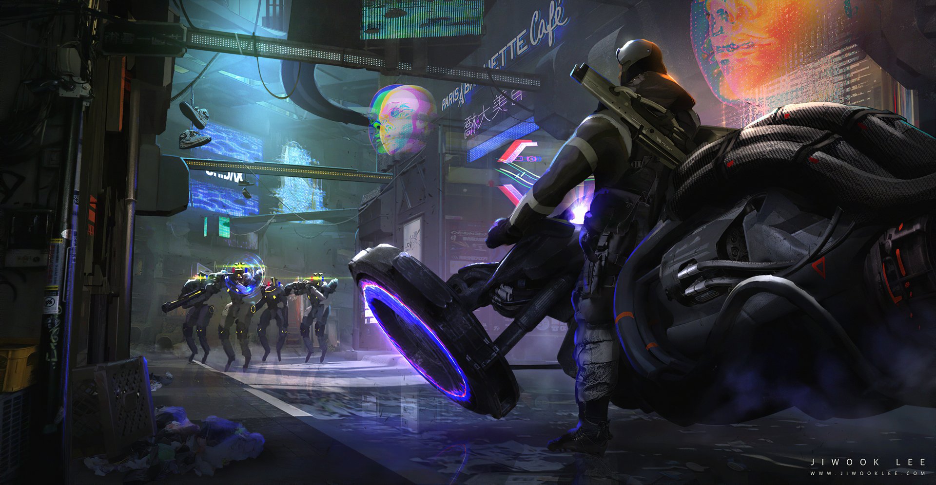 Cyberpunk sci-fi HD PC desktop wallpaper: armored rider beside a glowing futuristic vehicle — a hoverbike — in a neon, rain-soaked alley as patrol drones advance beneath holographic signs.