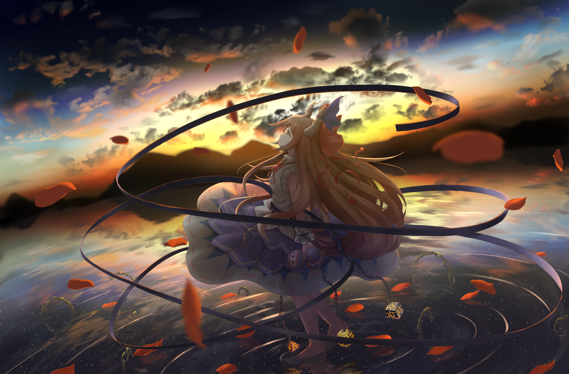 Suika Ibuki (Touhou) 2K Quad HD desktop wallpaper: anime heroine floats above a reflective lake at sunset, ribbons spiraling around her as orange petals drift beneath a dramatic cloud-filled sky.