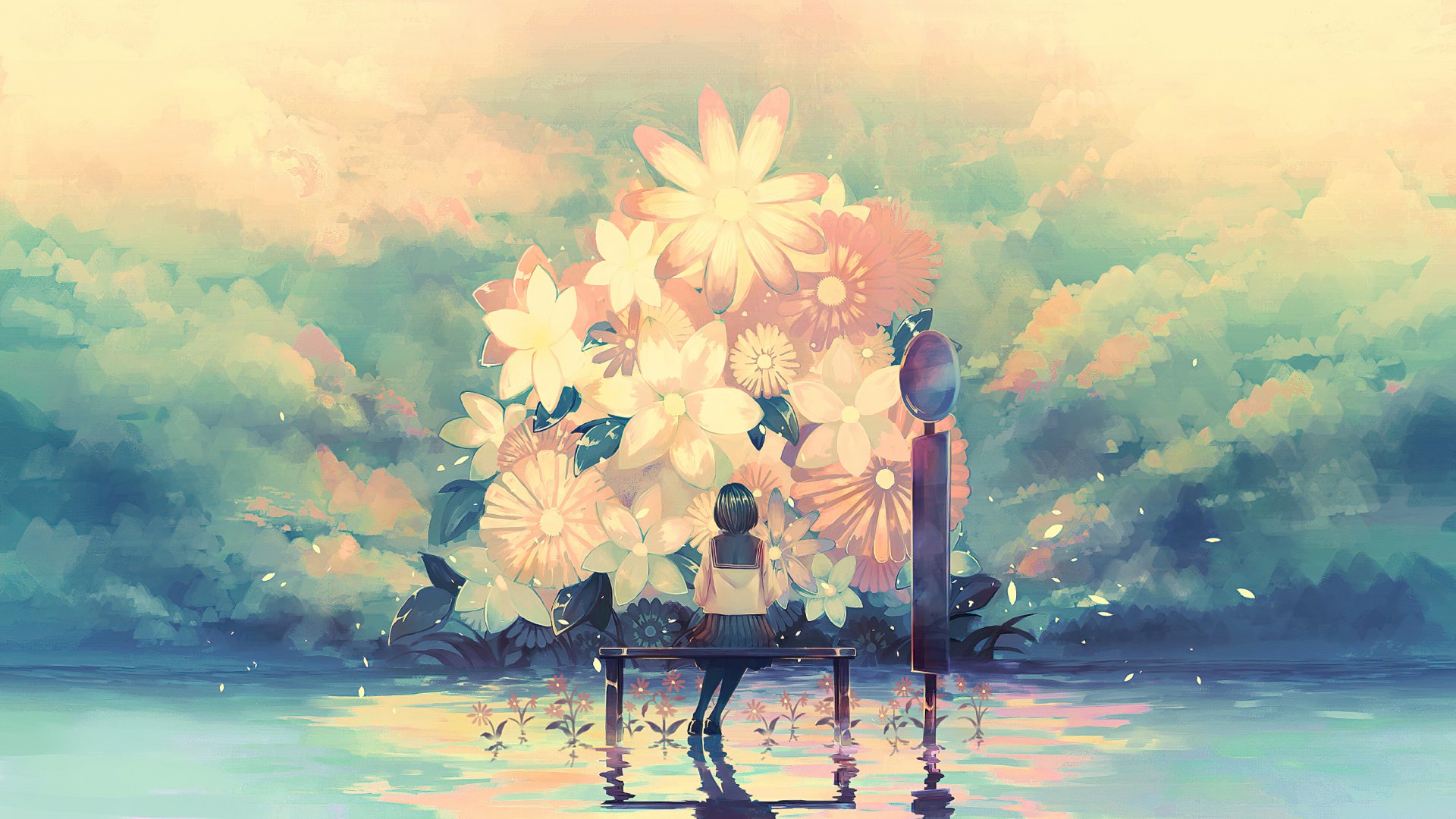 An original anime HD wallpaper of a short-haired girl in uniform sitting at a bus stop, surrounded by large flowers and soft reflections on water.