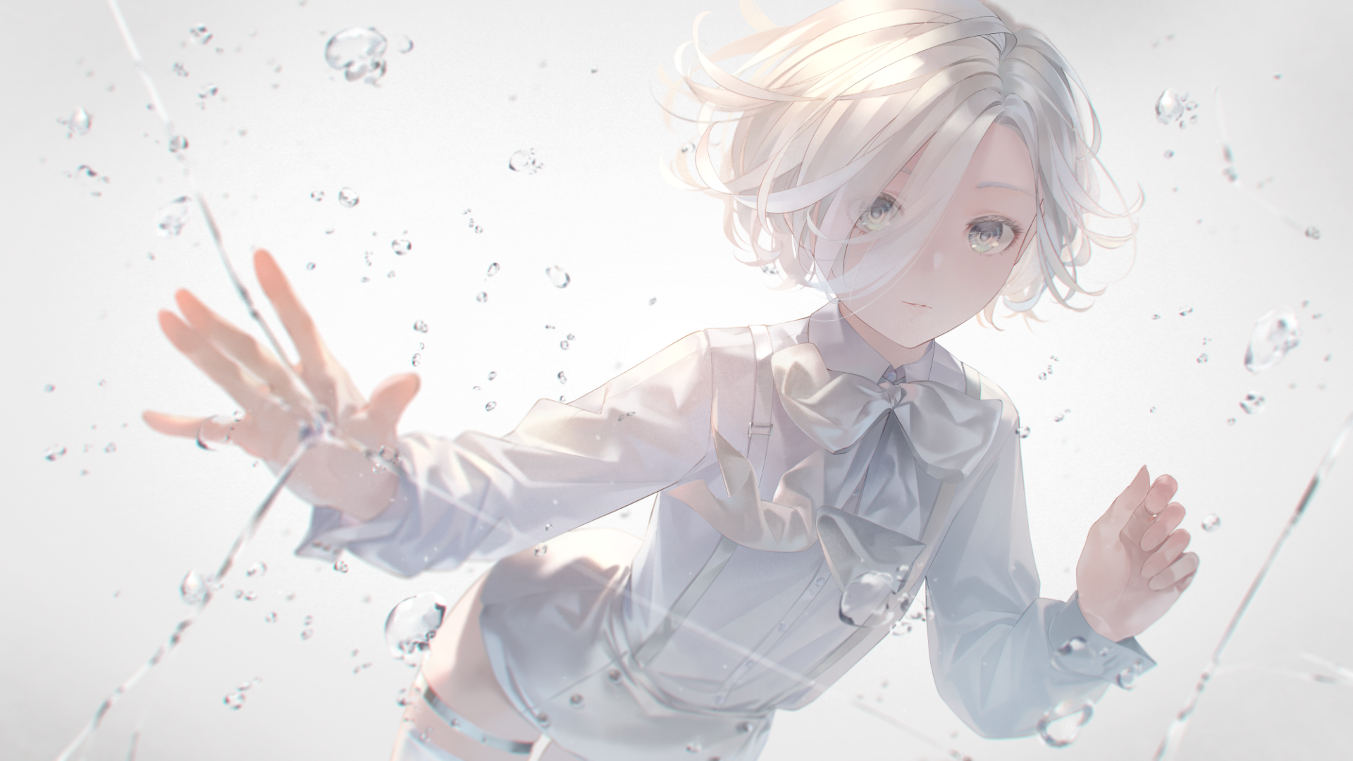 HD anime desktop wallpaper featuring an original character with short white hair in a white outfit, surrounded by water droplets against a light background.