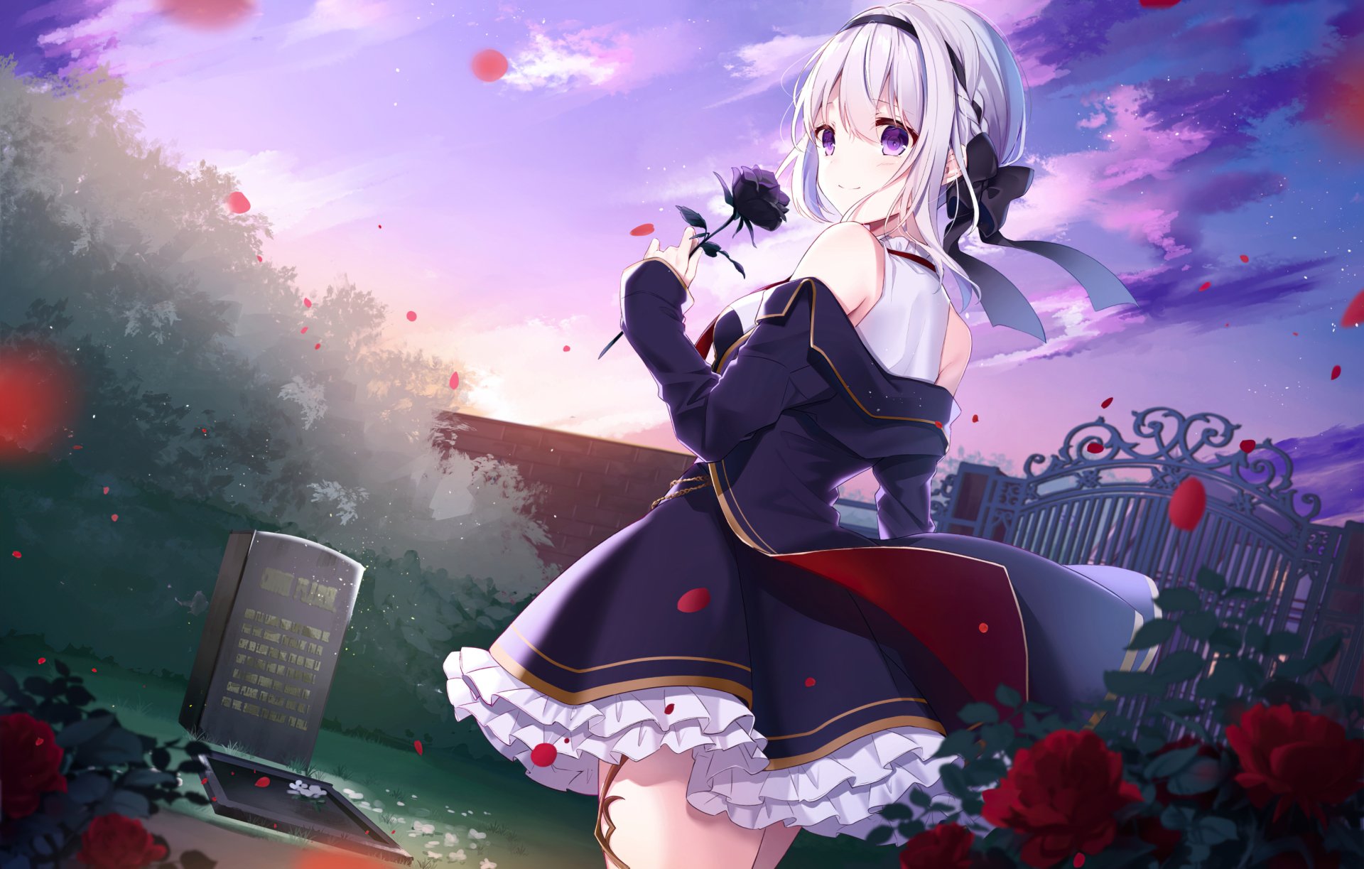 Anime-style original HD desktop wallpaper featuring a white-haired girl in a dark dress holding a black rose, set against a vibrant graveyard background with blooming red roses.