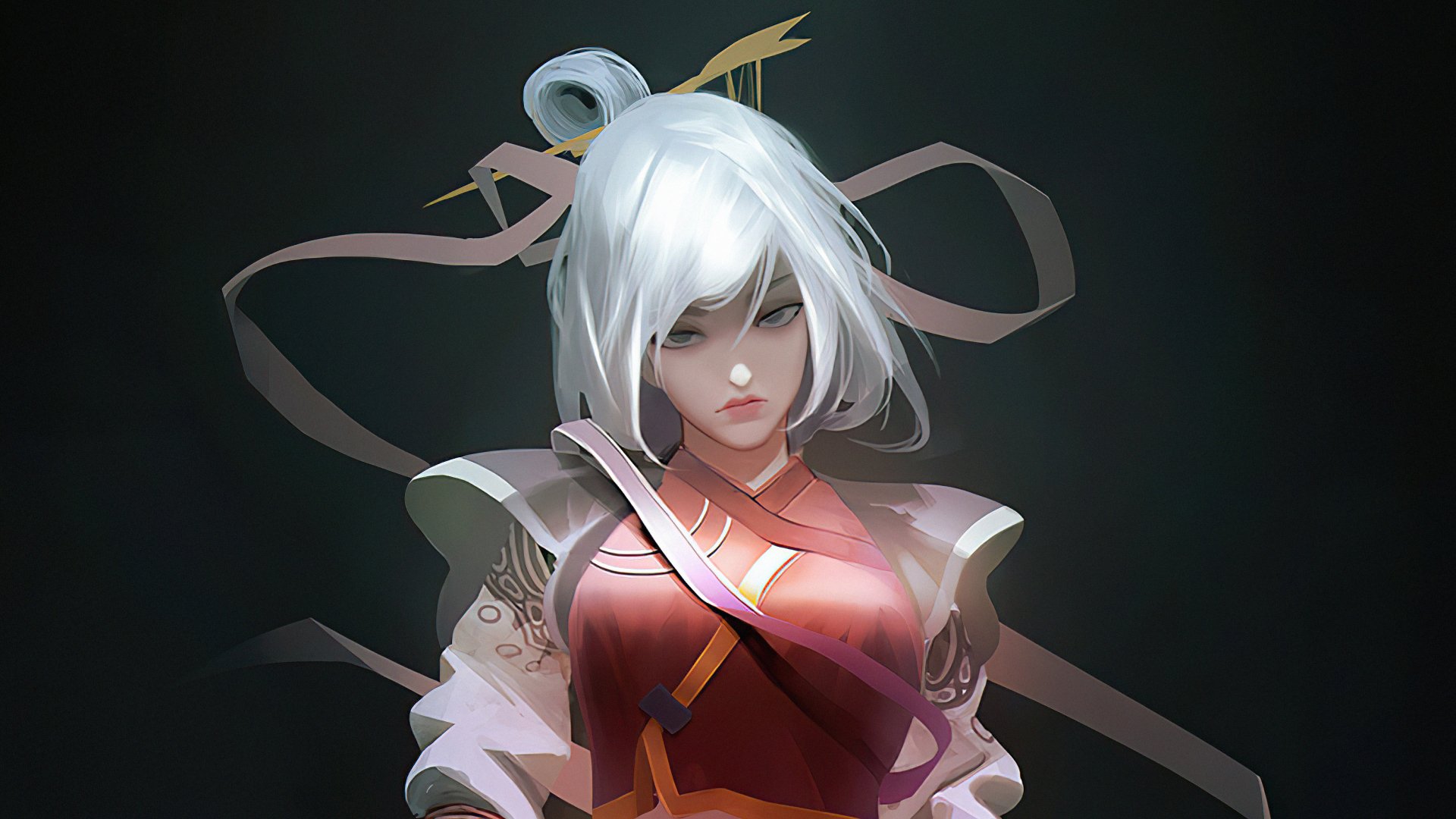 HD fantasy desktop wallpaper featuring a woman with striking white hair and intricate armor, set against a dark, moody background.