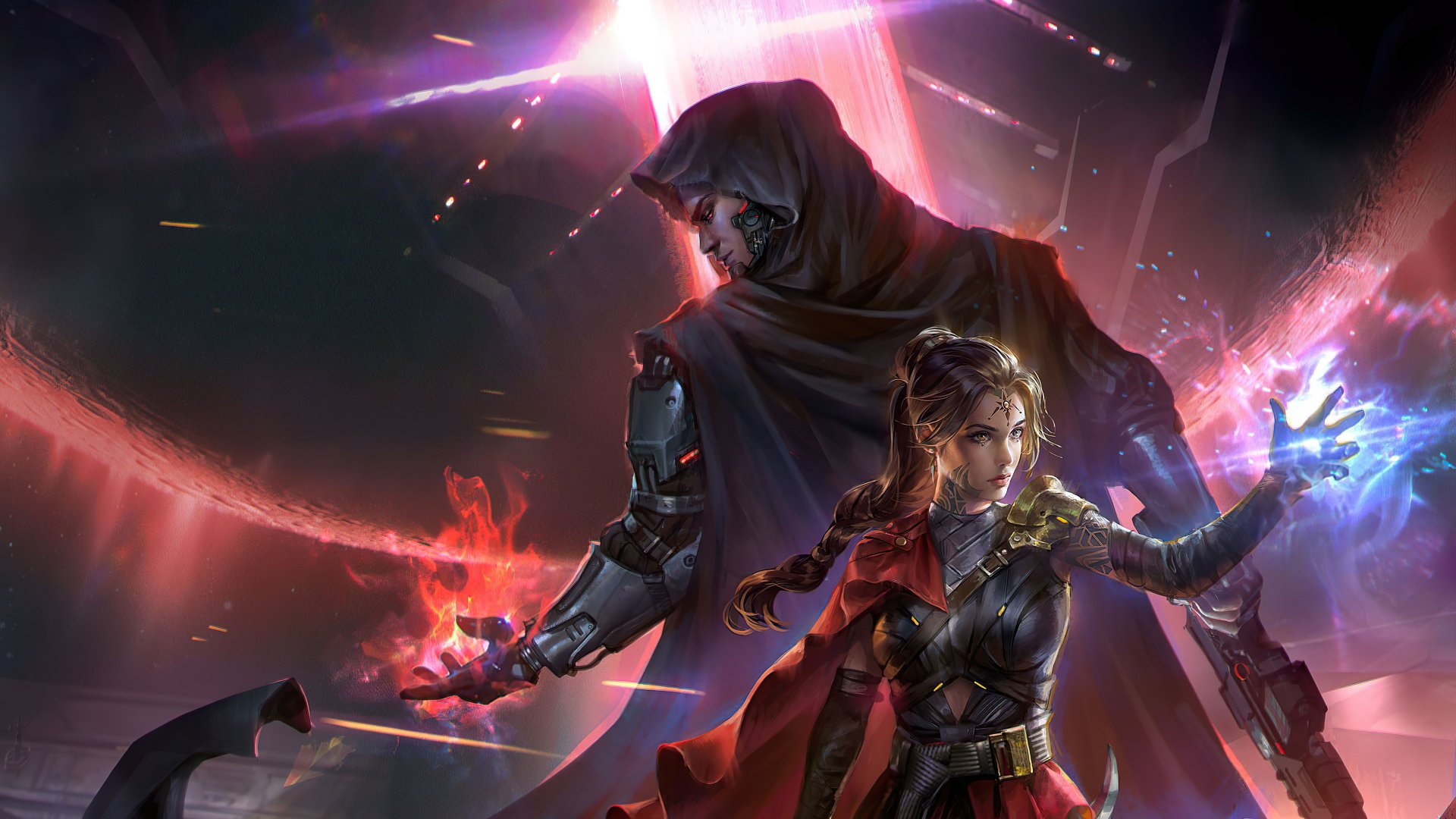 4K Ultra HD PC desktop wallpaper: brown-haired woman warrior in sci‑fi armor channels glowing energy beside a cloaked futuristic warrior amid neon rifts.