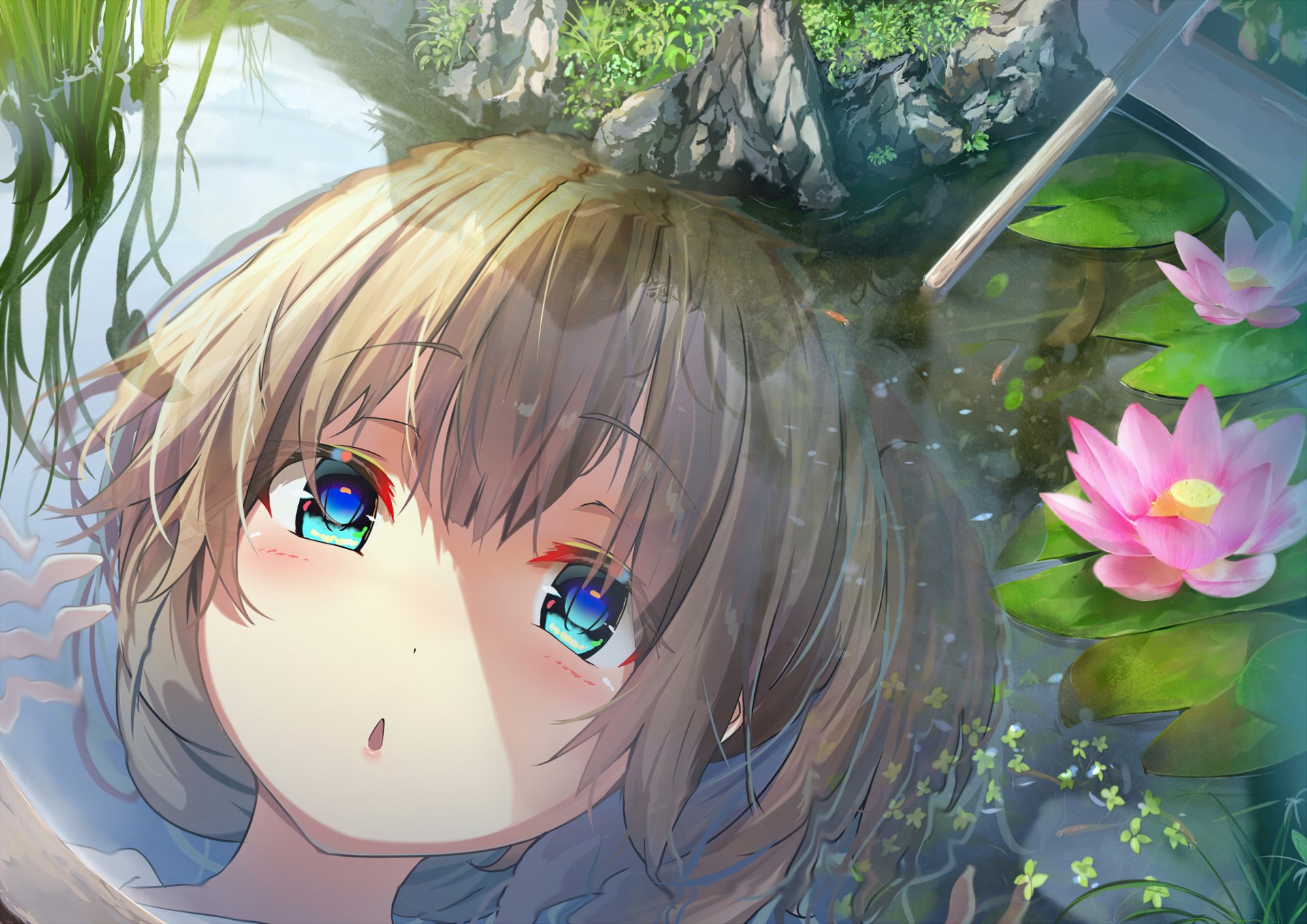 HD anime original artwork featuring a close-up of a girl with blue eyes gazing into clear water surrounded by lilies, designed as a vibrant PC desktop wallpaper.