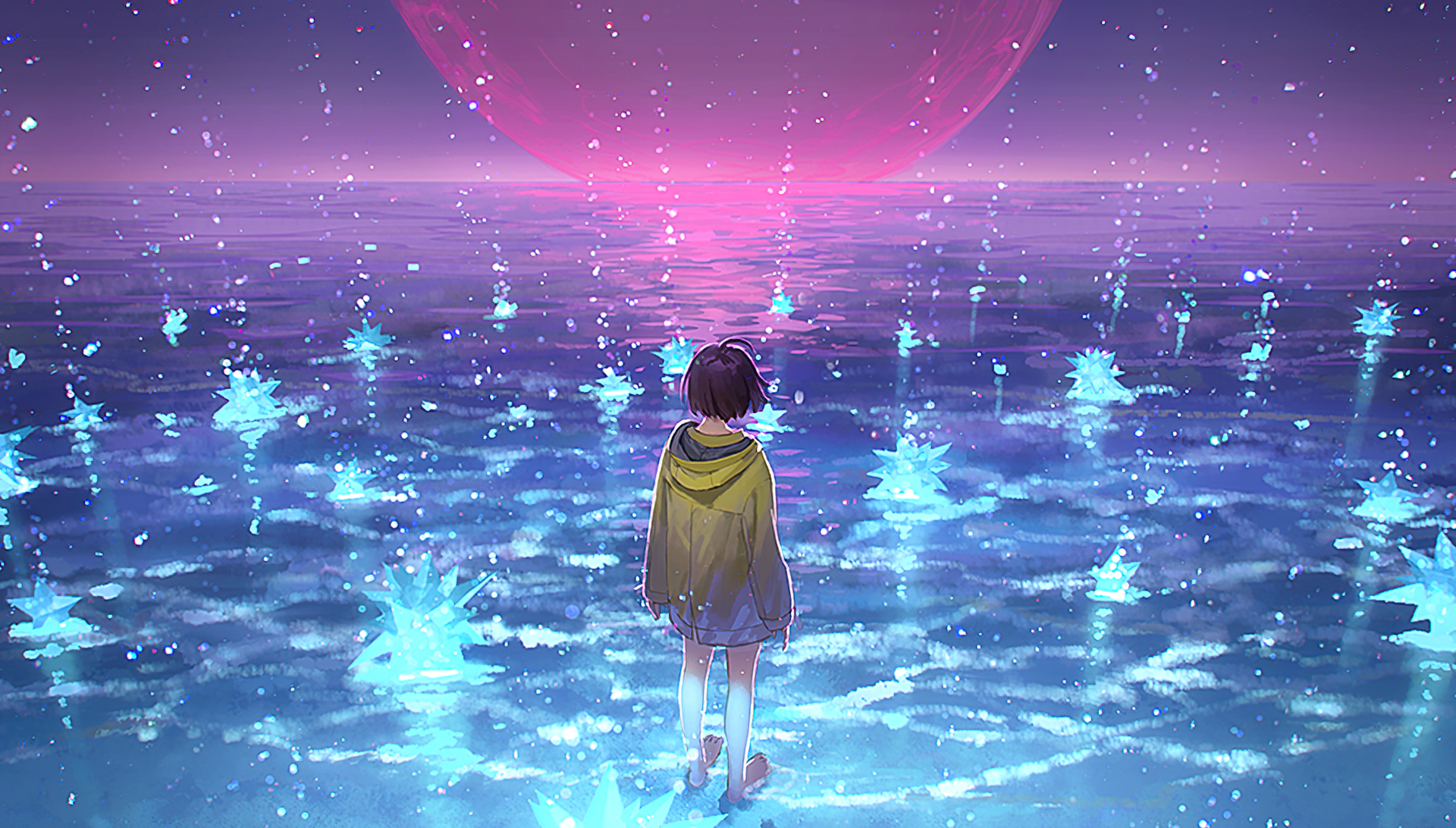Anime-style HD desktop wallpaper depicting a person standing in glowing rain over water, illuminated by a large pink moon in the background.