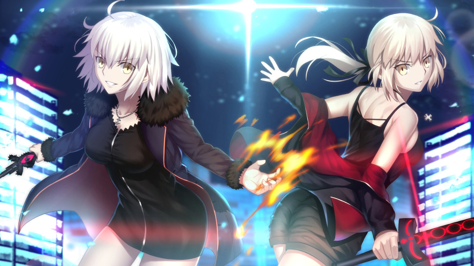 HD PC desktop wallpaper featuring Avenger and Saber characters Artoria Pendragon Alter and Jeanne d'Arc Alter from the Fate/Grand Order anime series in a dynamic pose.