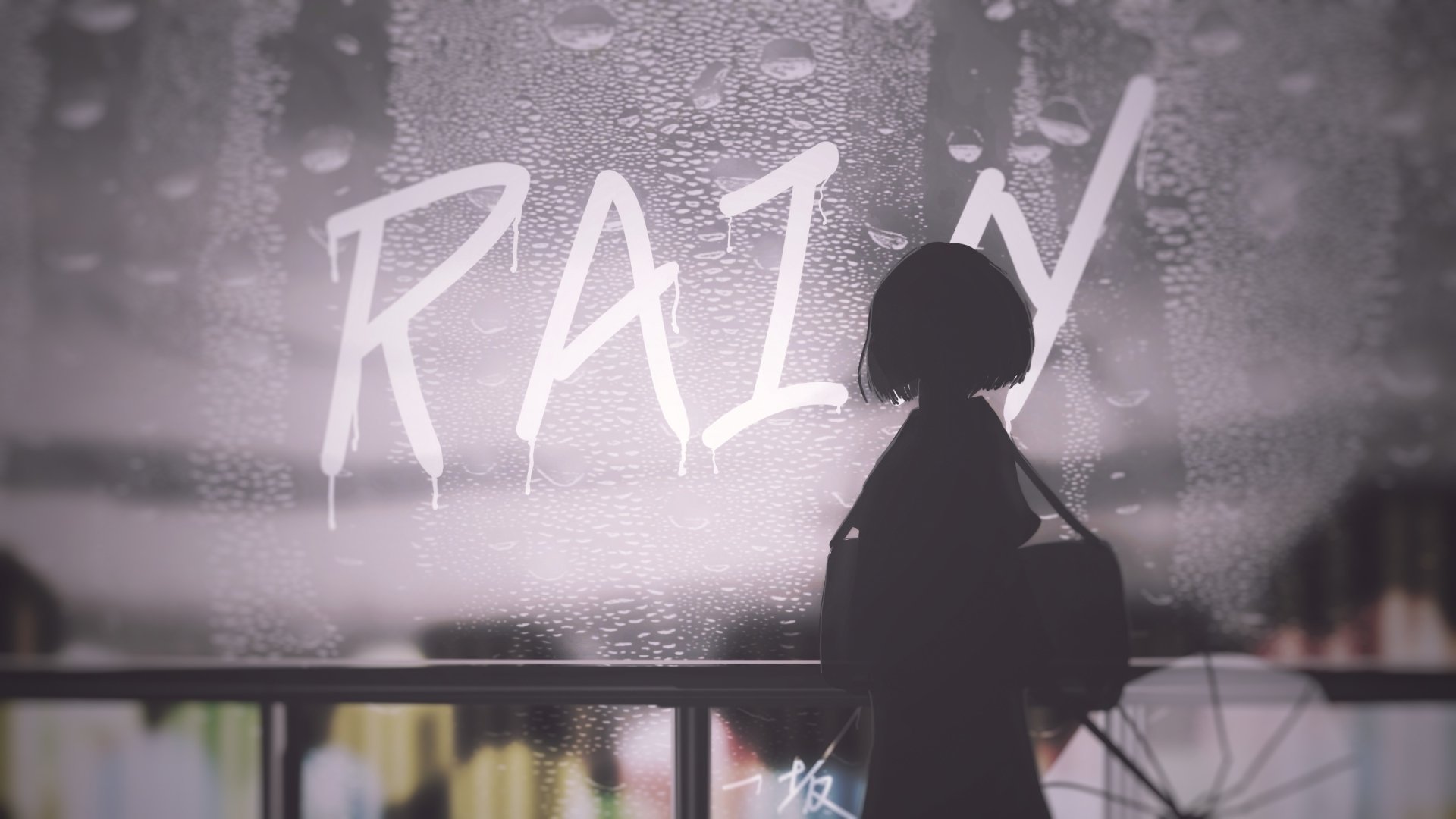 Anime original HD PC desktop wallpaper and background: silhouette of a girl with a bag at a rain-speckled window, blurred city lights beyond, the word RAIN smeared on the glass.
